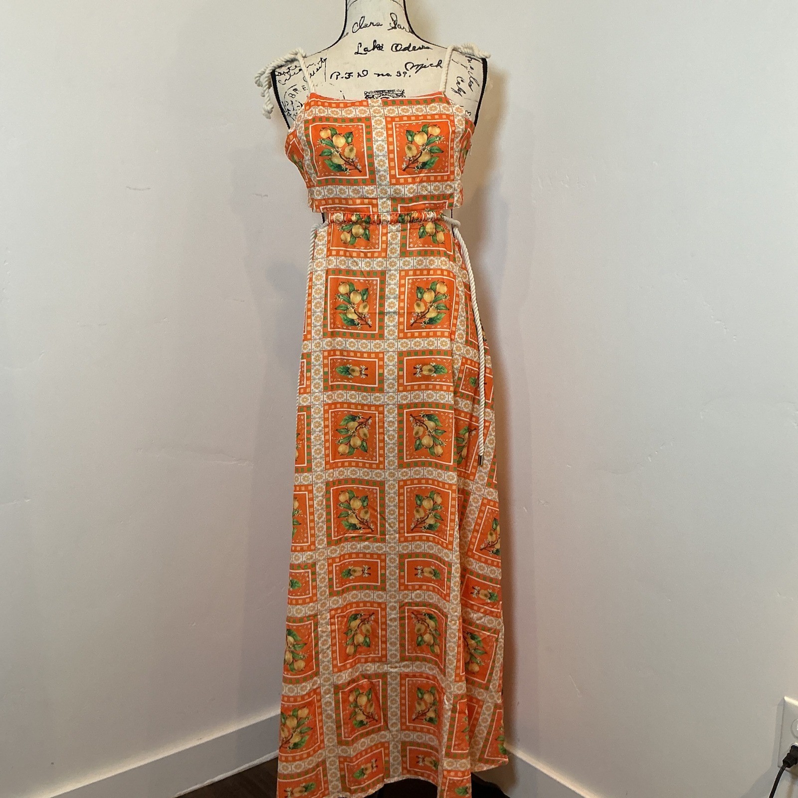 Unbranded Maxi Dress Orange Lemon Print Rope Straps Cut Out Back Small