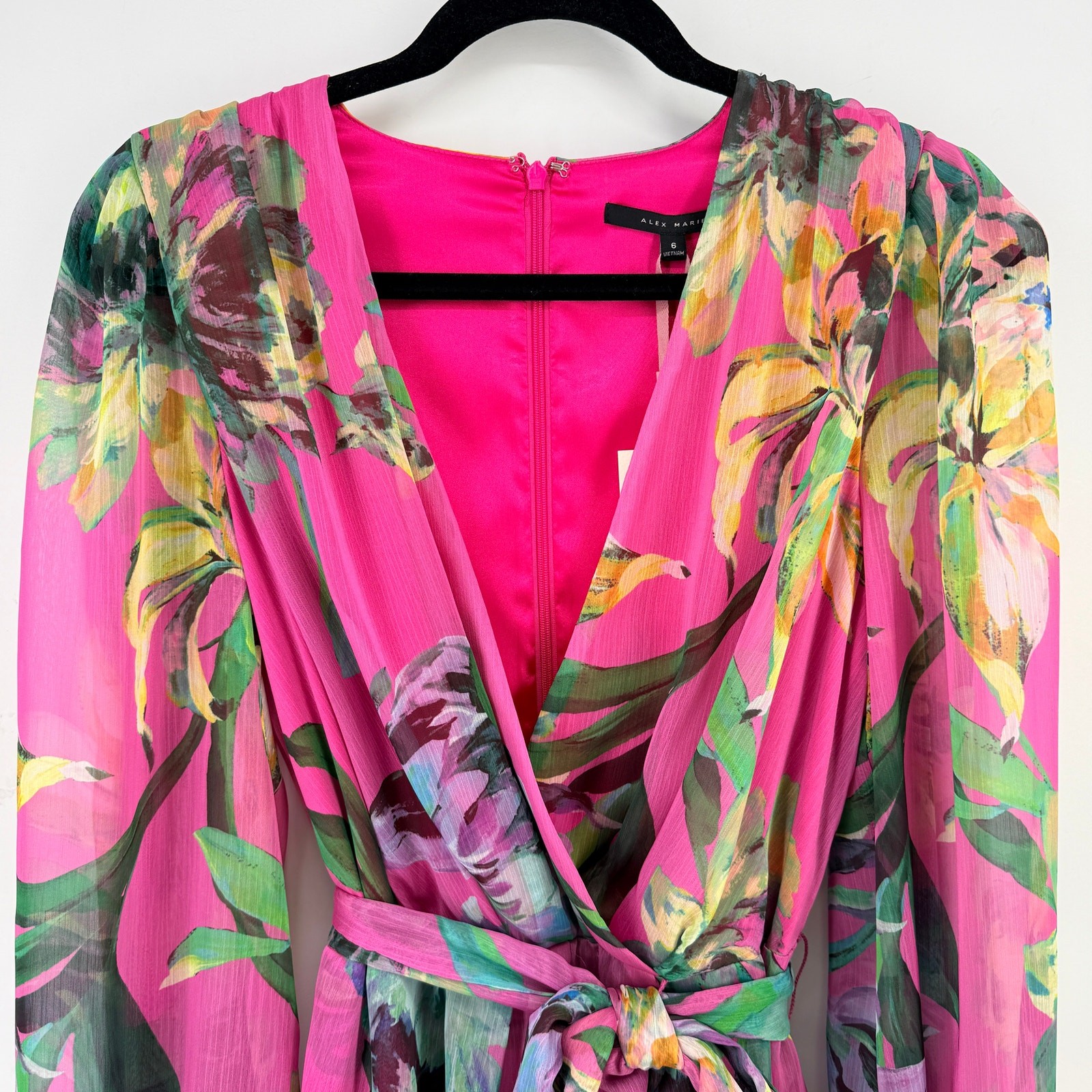 Alex Marie Laurel Chiffon Floral Wrap Dress Pink Fandango Womens Size 4 Belted