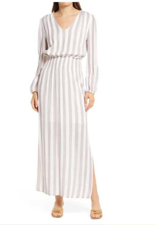 FRAICHE by J Stripe Smocked Waist Side Slit Maxi Dress L = 12/14 Nordstrom NEW