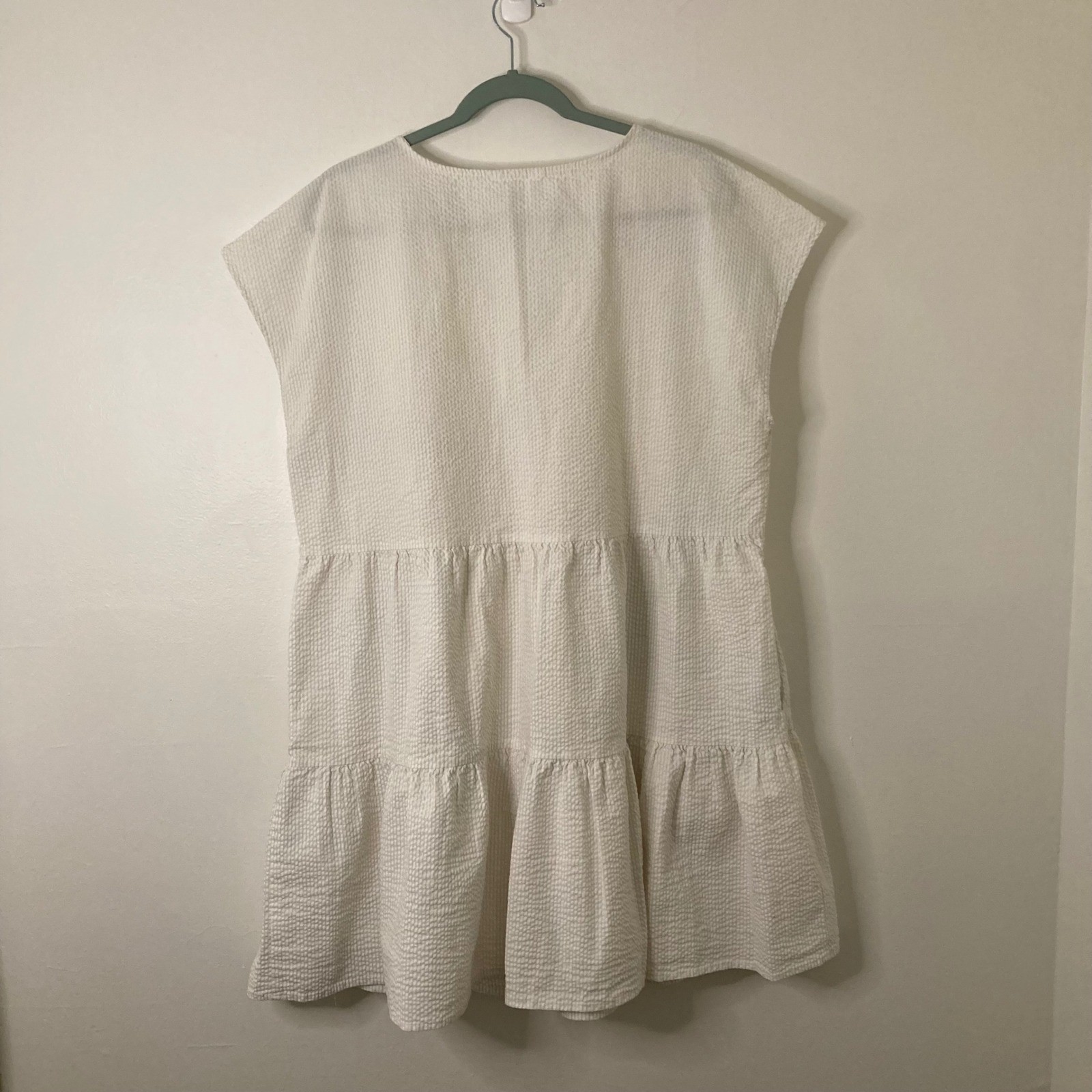 Coastal White Seersucker Tiered V-Neck Mini Dress Cottage Babydoll Pockets XL