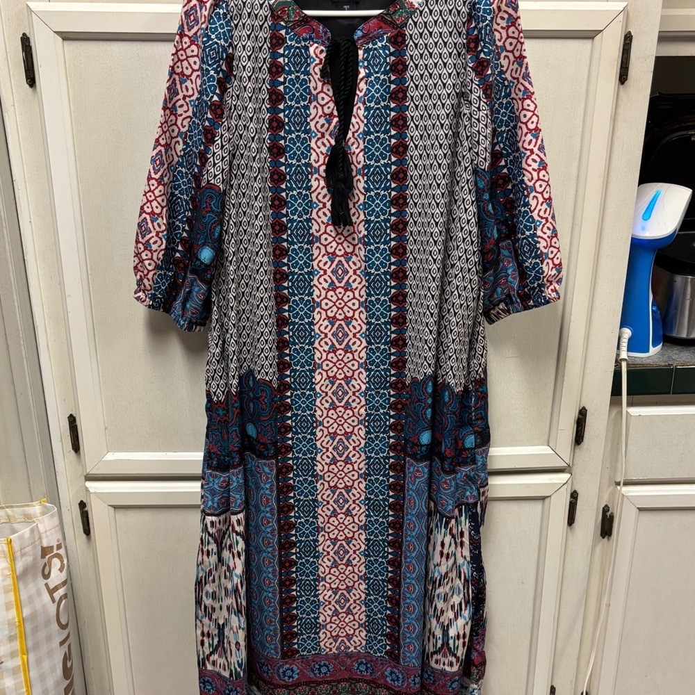 June + Vie Women’s S Small Dress Blue Red White Patterned Bohemian Long Sleeve