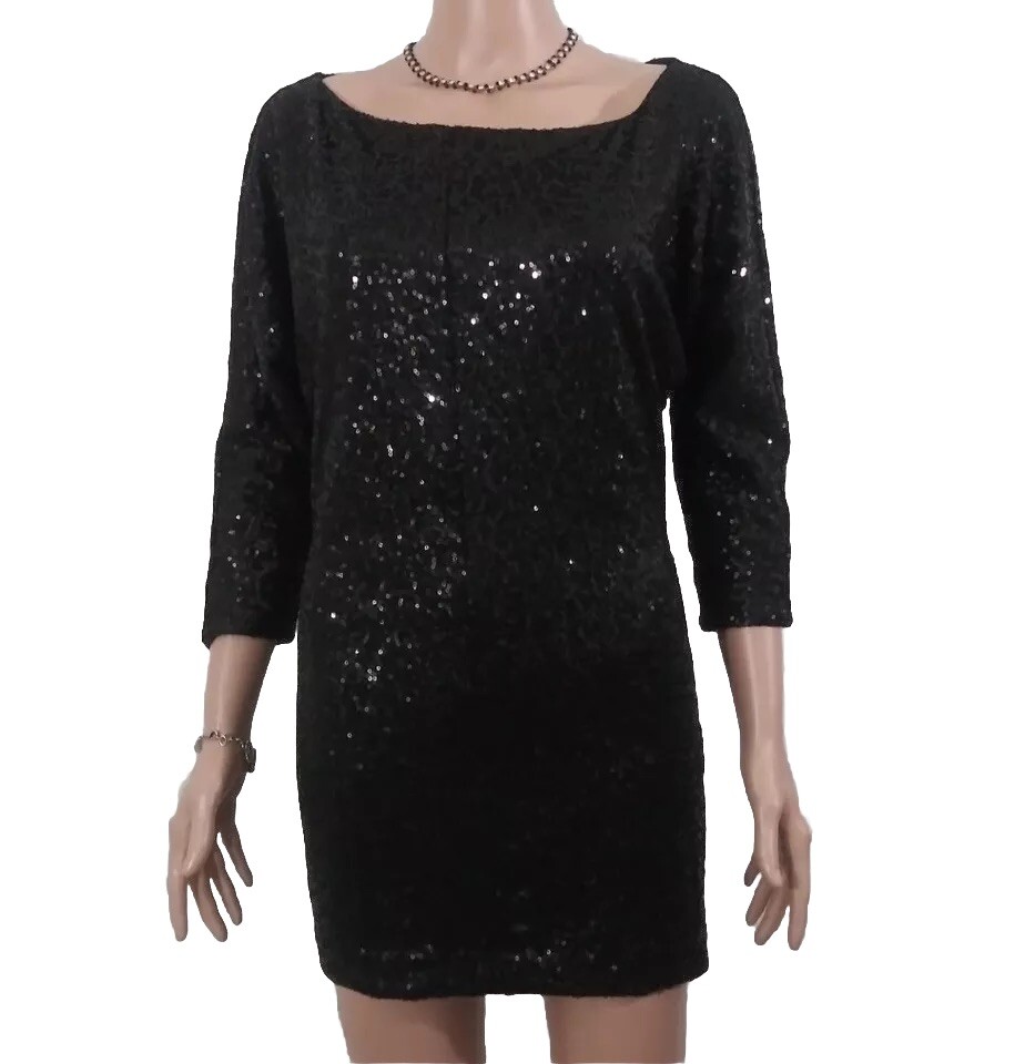 Black Sequin Dress (SIZE TAG MISSING) Bust 32in Length 30in Boat Neck 3/4 Sleeve