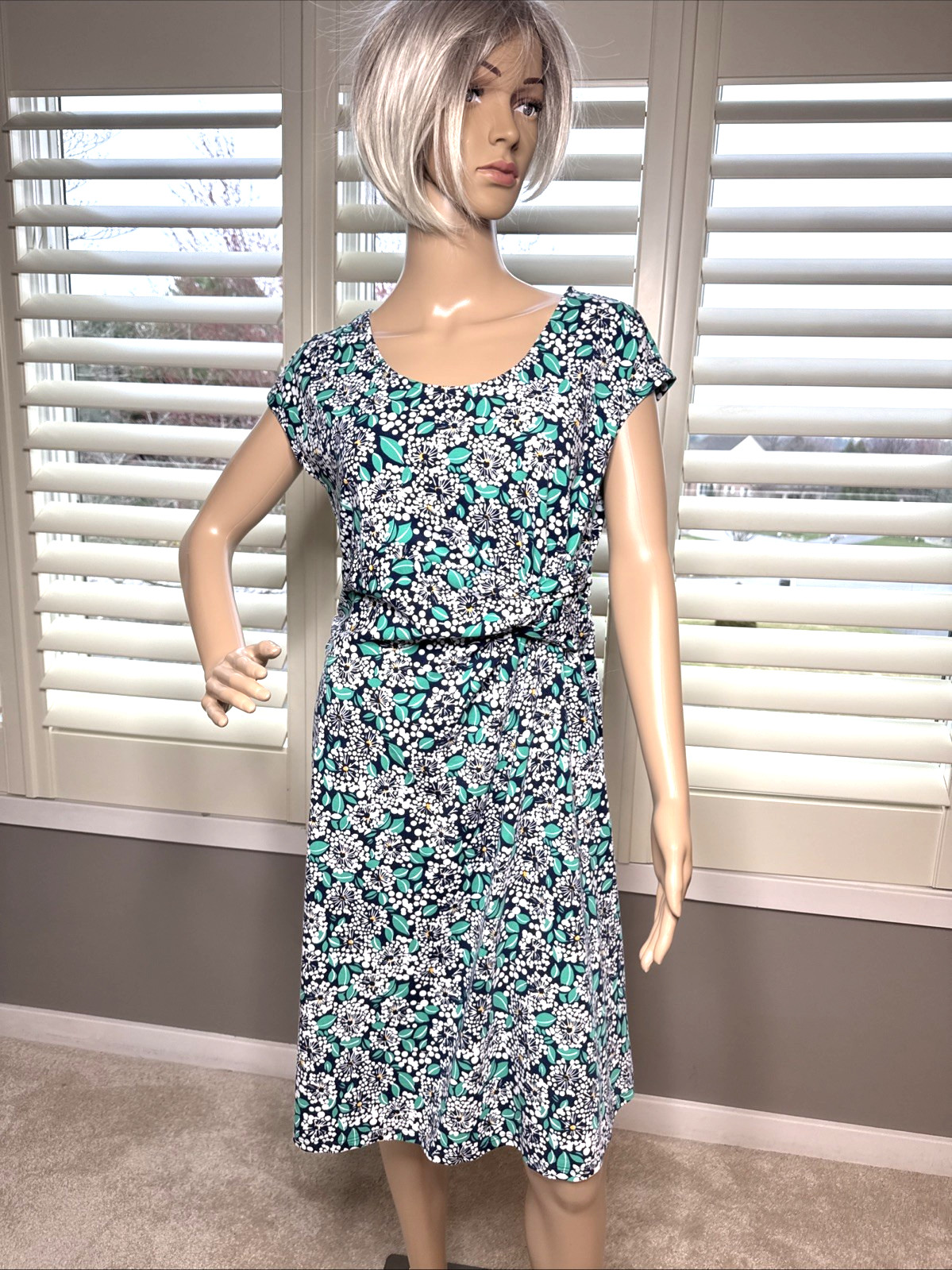 LANDS END SZ MEDIUM dress Blue Green Cotton Modal Spandex short sleeve stretch