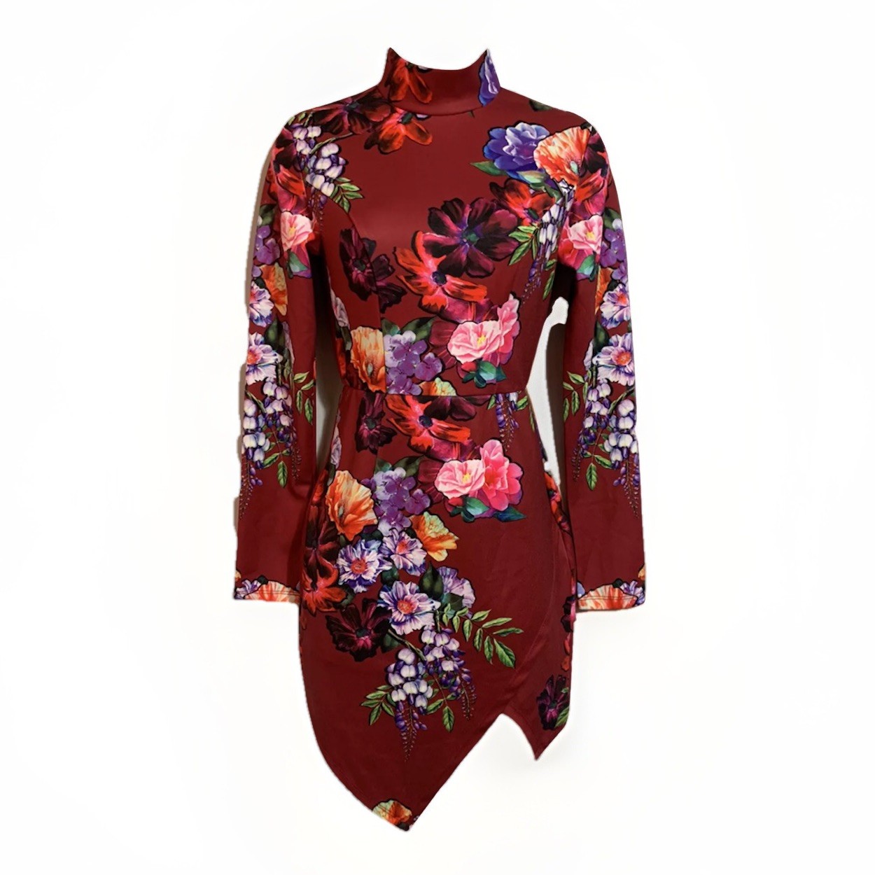 Women’s UK 6/8 XS Mini Dress Floral Berry Red High Neck Party