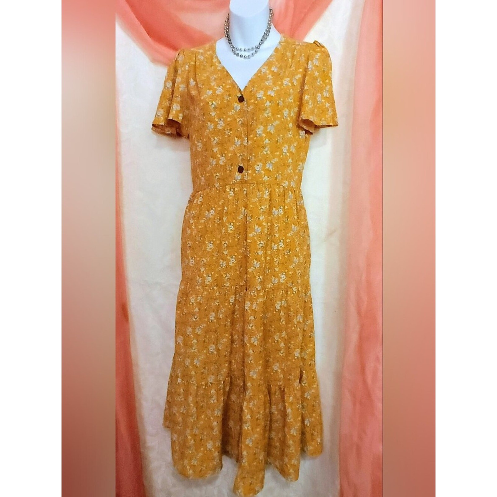 Monteau Ladies Mustard Yellow Floral Dress with Blue Accents SZ M