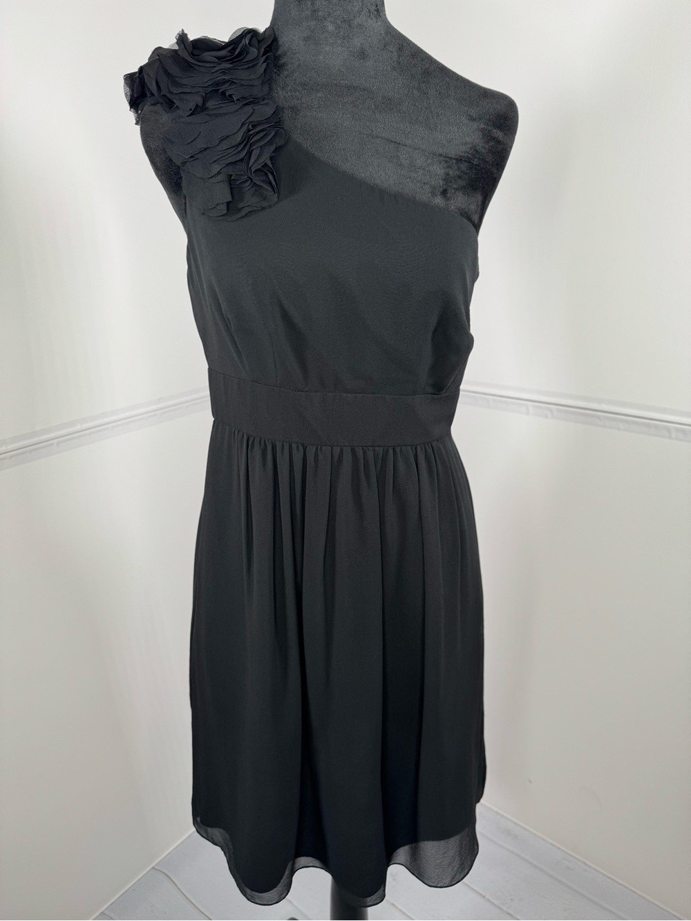 Tibi Black One Shoulder Silk Cocktail Dress Floral Ruffle Size 4