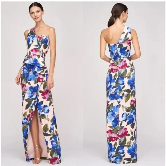 Kay Unger Laurel One Shoulder Floral Beaded Peplum Ruffle Gown Size 8 $328