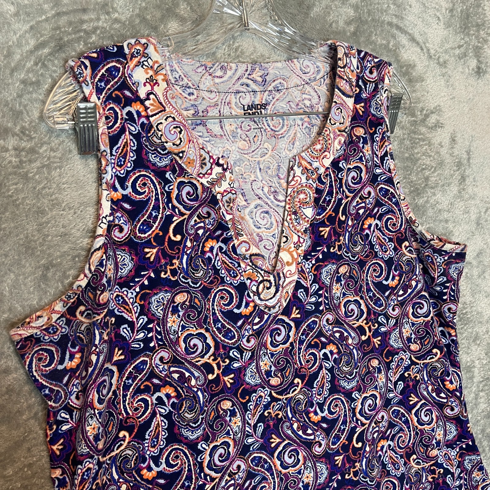 Lands End Women Notch Neck Paisley Jersey Knit Shift Dress XL Boho Preppy Mod