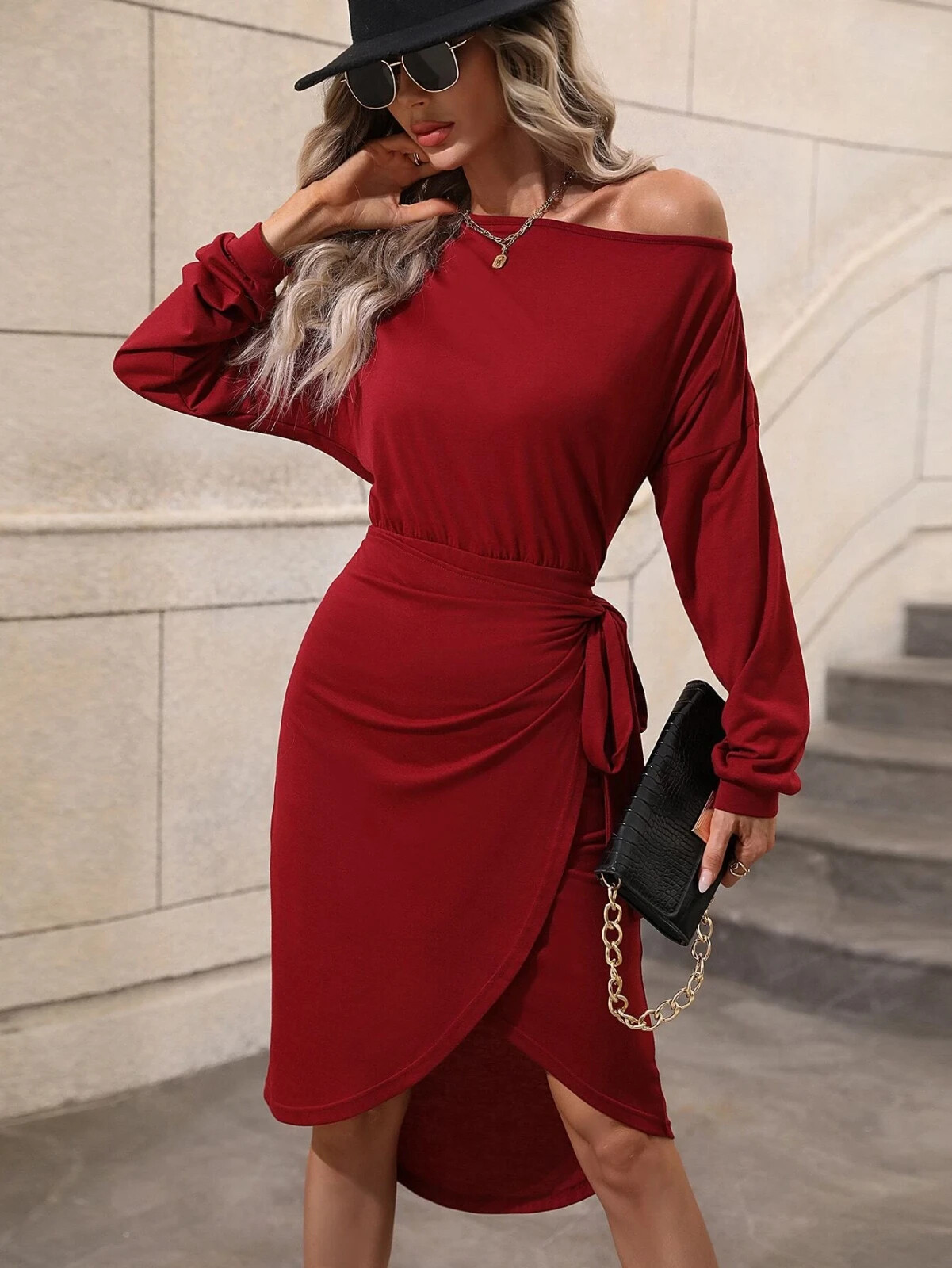 Sexy Red Fitted Long Sleeve Drop Shoulder Tie Side Wrap Asymmetrical Neck Dress