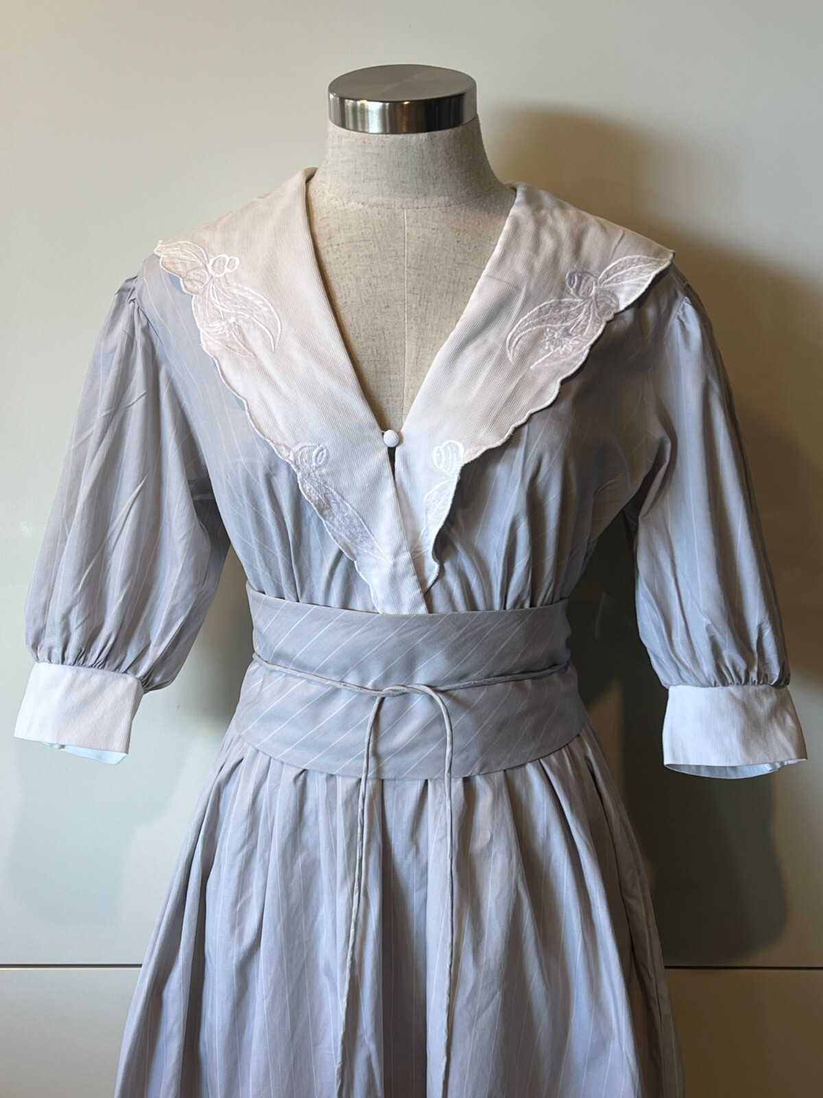 PRUE ACTON Vintage 70s Grey/White Stripe Collared, Cotton Dress 8-10AUS/4-6US
