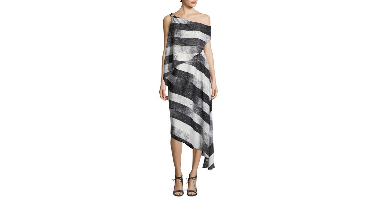 HALSTON HERITAGE Black White Stripe Print One Off Shoulder Cocktail Dress 0 = XS