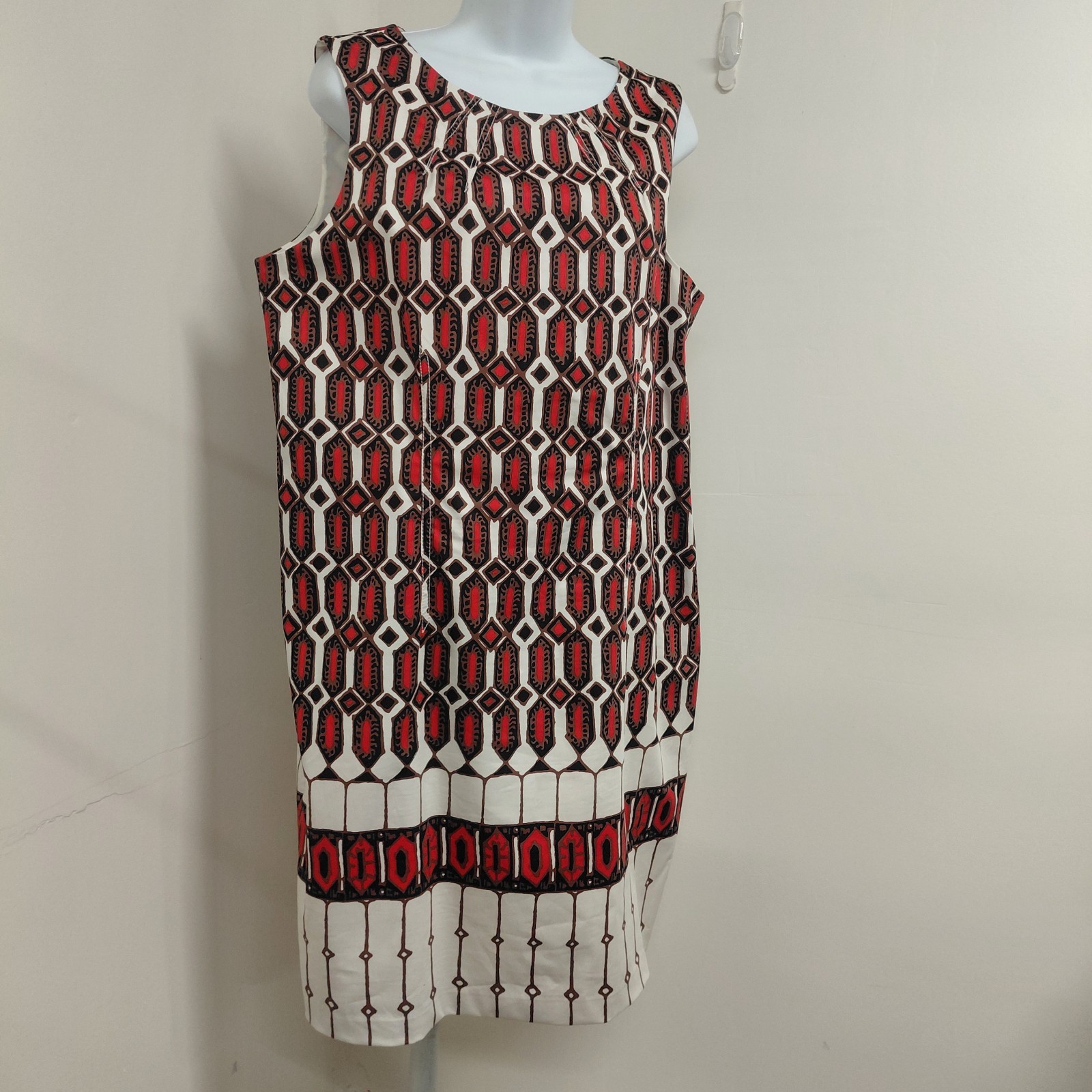 Talbots Shift Dress Women’s Size 14 Red Brown Black White Geometric Sleeveless
