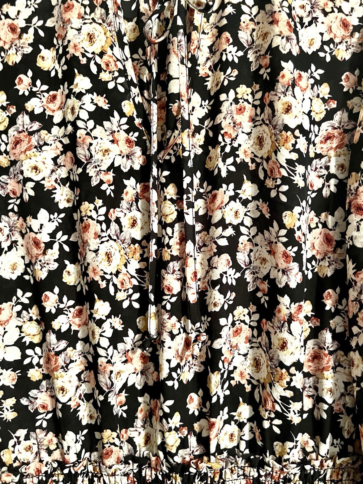 Drew Black White Pink Floral Long Sleeve Tie Neck Smocked Short Dress XS