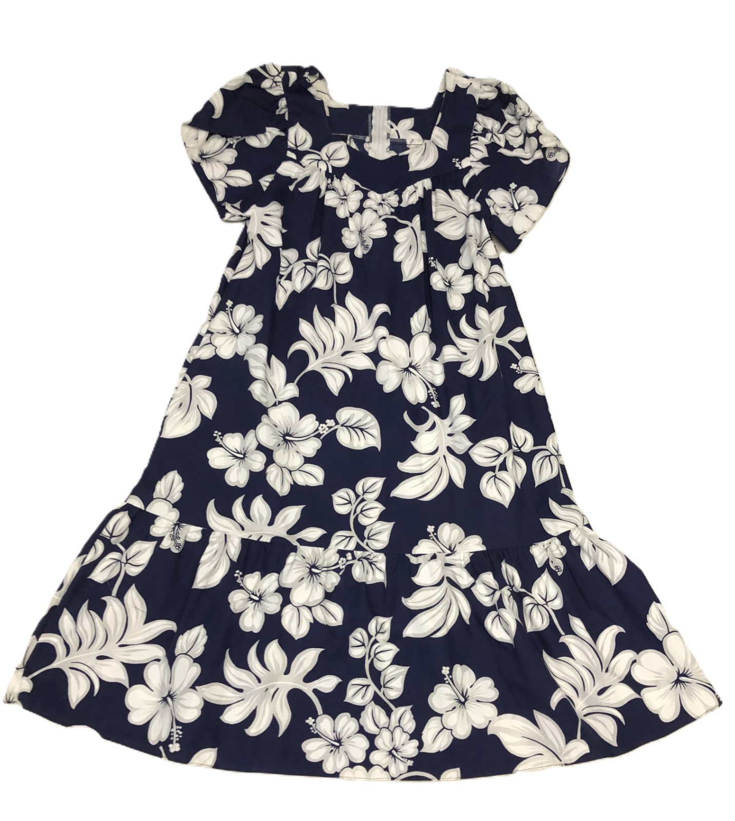 VTG Royal Creations M Navy Blue White Tropical Floral Hawaiian Muumuu Dress USA