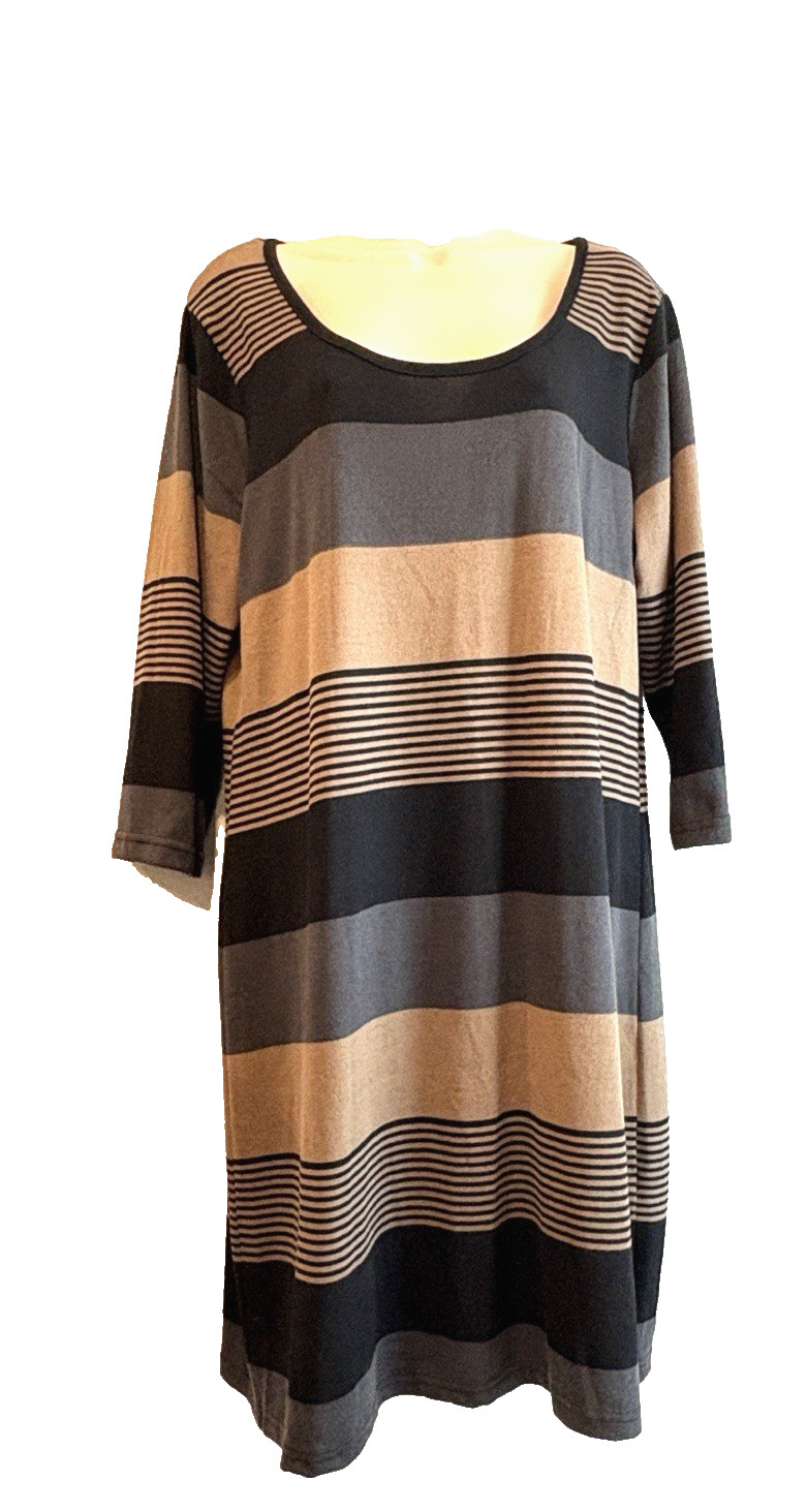 Derek Heart Plus Shift Dress Womens 1X Gray Striped Soft Knit 3/4 Sleeves NEW