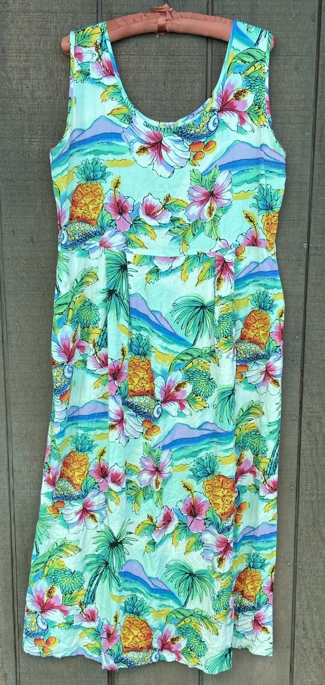 Vintage Jams World Shellbiscus Sleeveless Dress Maxi Tropical Floral Size Large