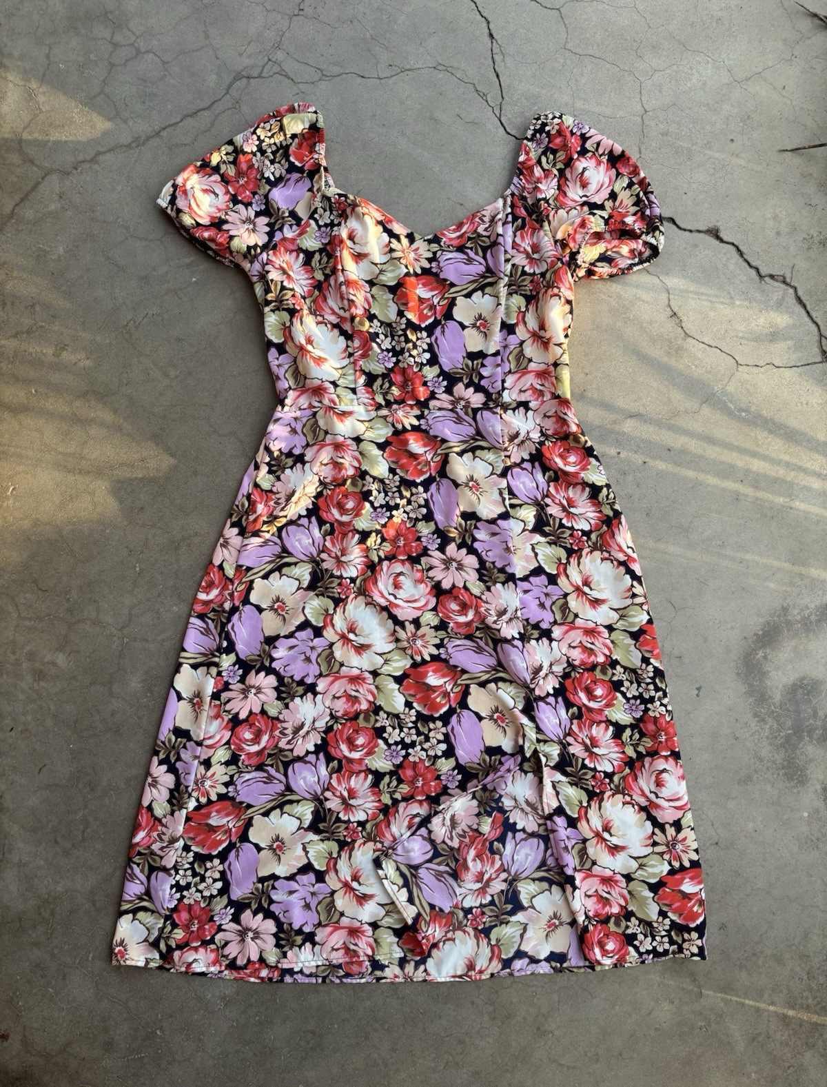 Lily Rose Floral Puff Sleeve Smocked A-Line Dress XL Black Purple Red Cream