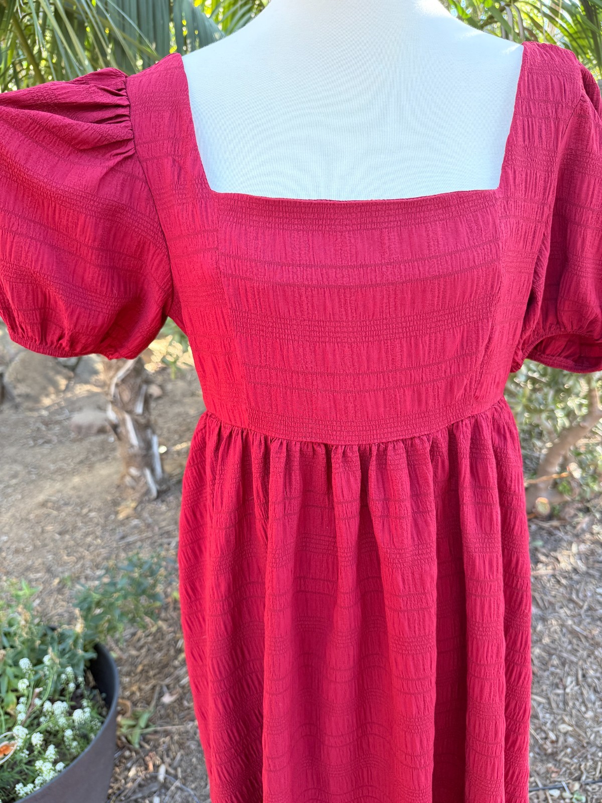 Babydoll Boho Puff Sleeve Smocked Cottagecore Mini Dress Red Size XL Textured