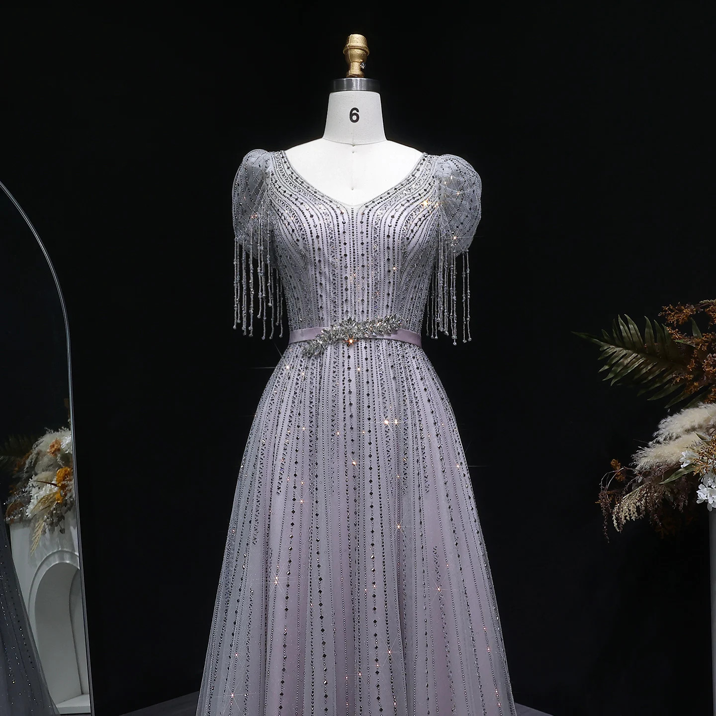 Luxury Beaded Evening Dress with Bubble Sleeves A-line Dubai Prom Lace Ball Gown