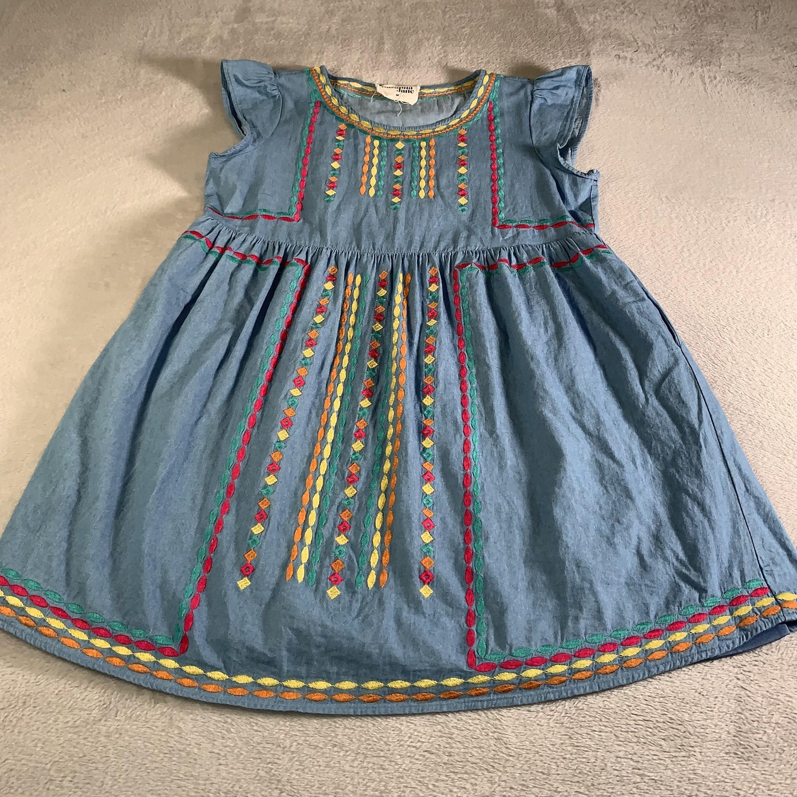 Savanna Jane Dress Womens Medium Blue Chambray Embroidered Cap Sleeve Fit Flare