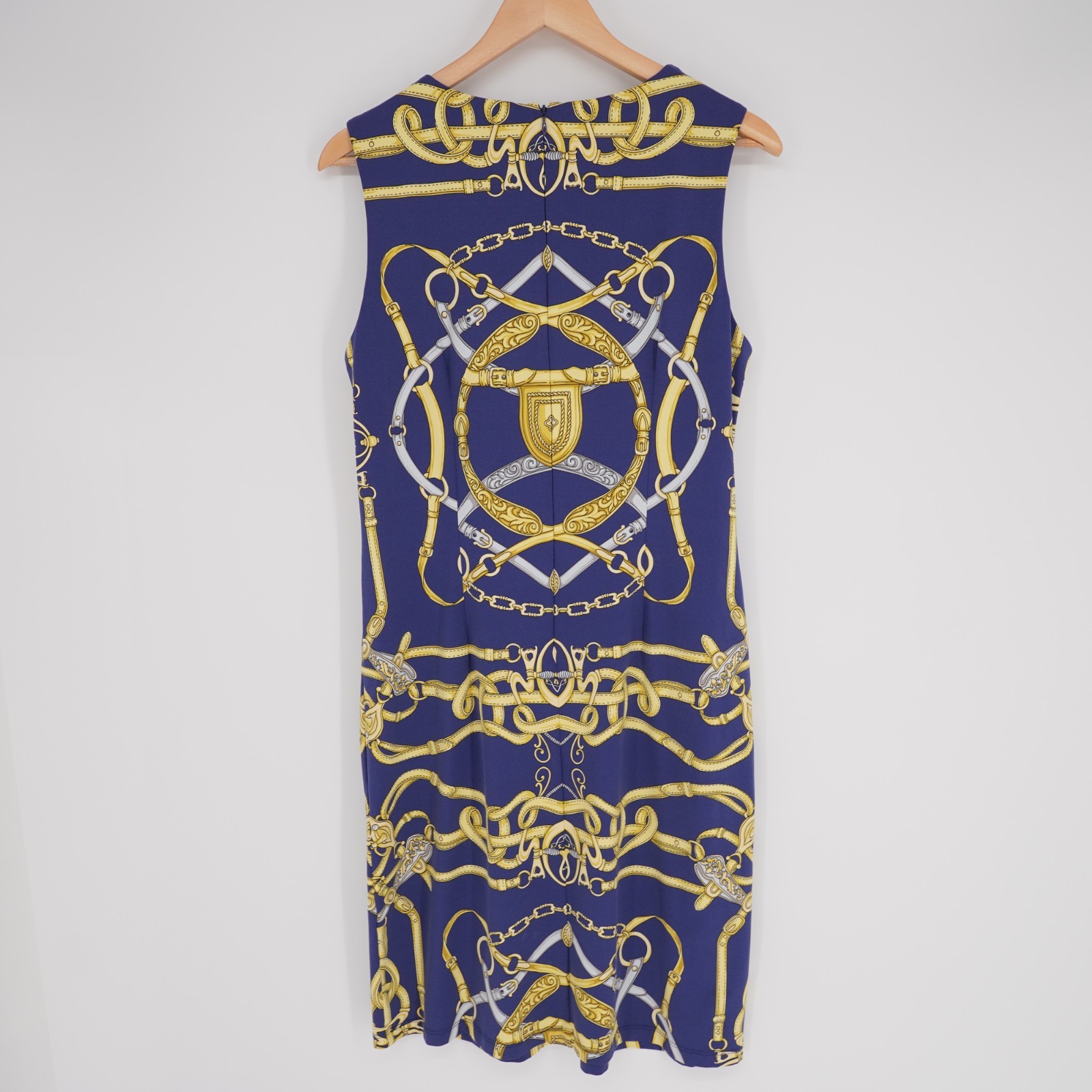 J McLaughlin Catalina Cloth Sofia Sheath Dress L Blue Chain Link Belt Print