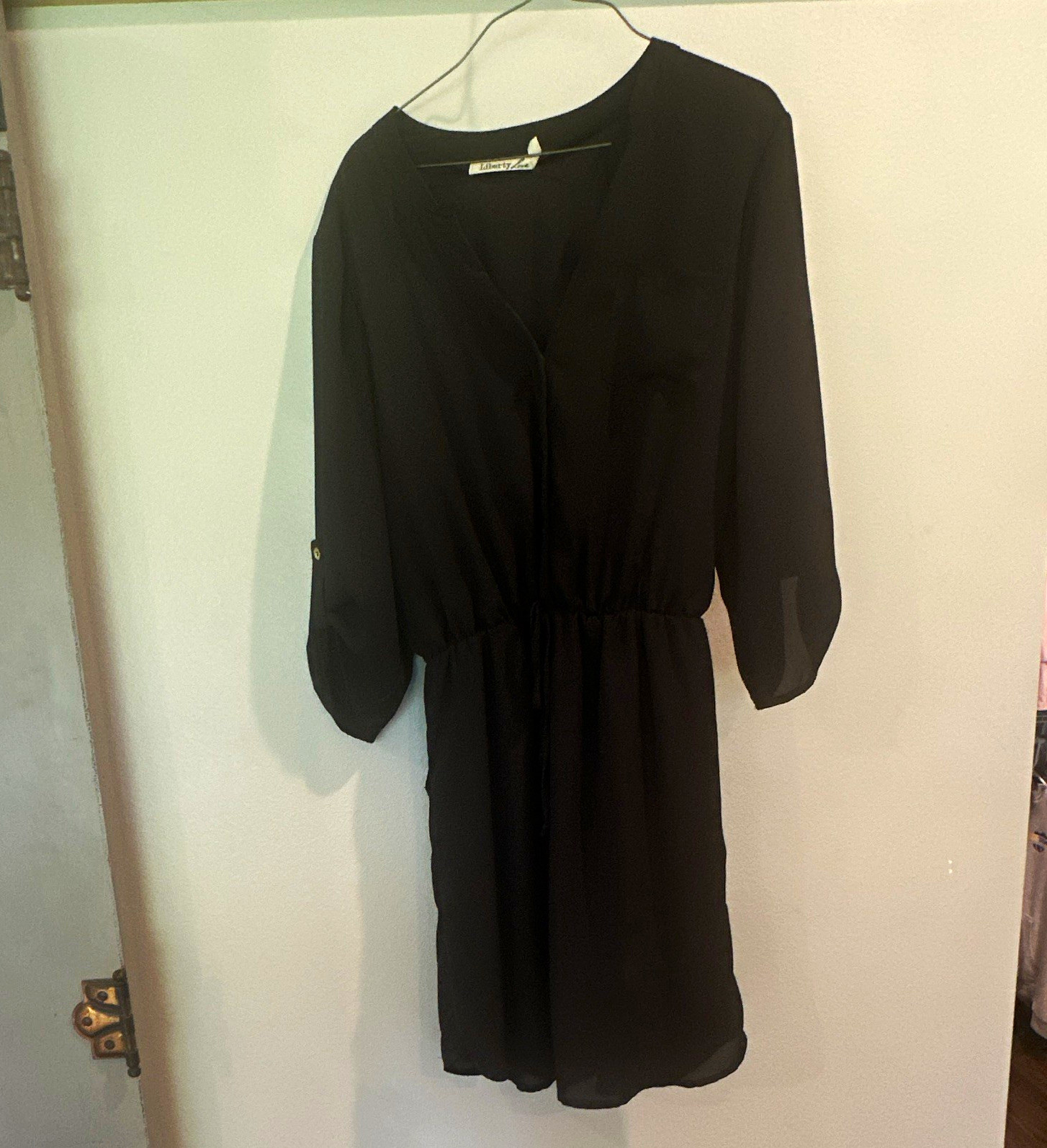 Liberty Love Black V-Neck Shirt Dress Button Front Roll Tab 3/4 Sleeve L