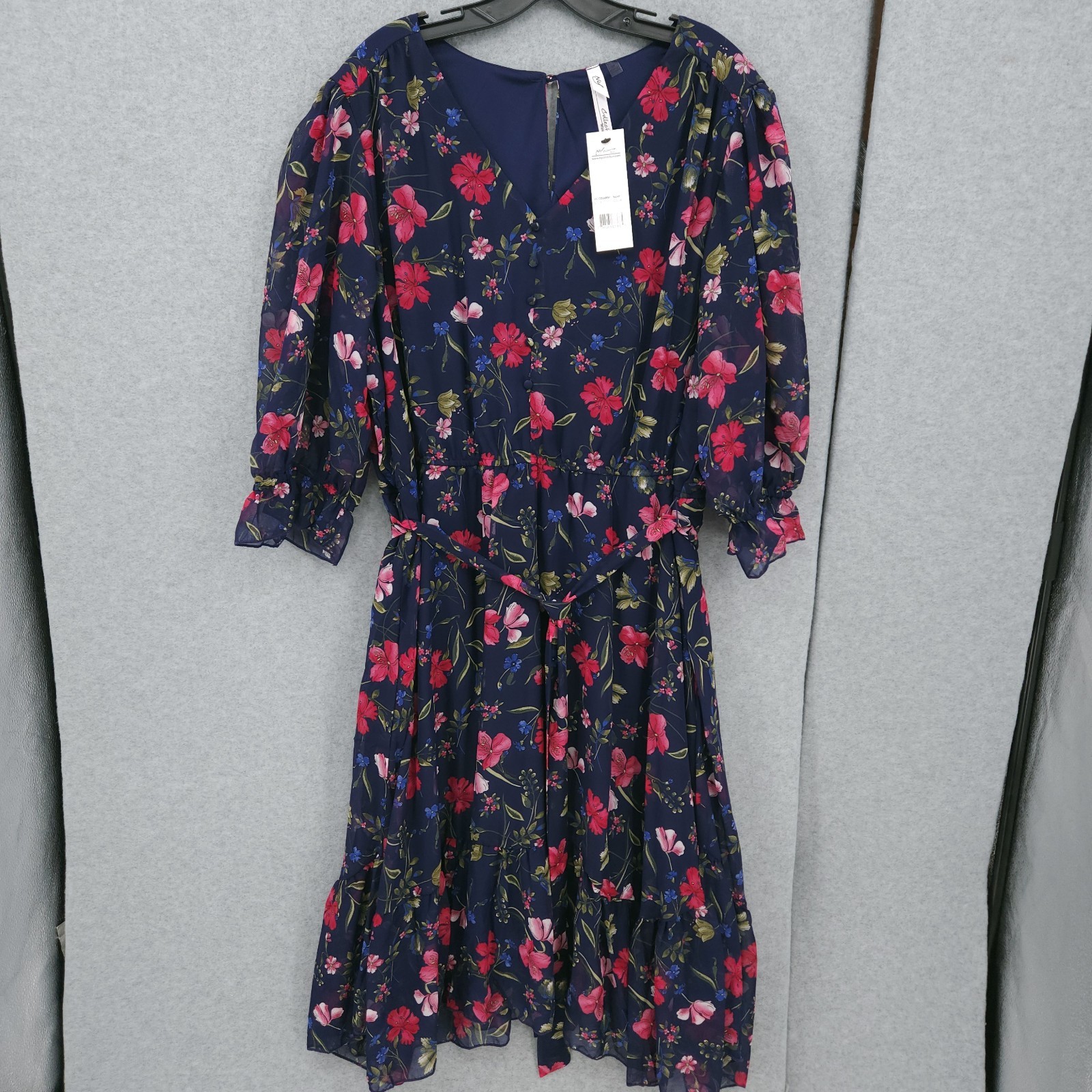 NY Collection Belted V Neck Floral Print Navy Dress Womens Size 3X NWT
