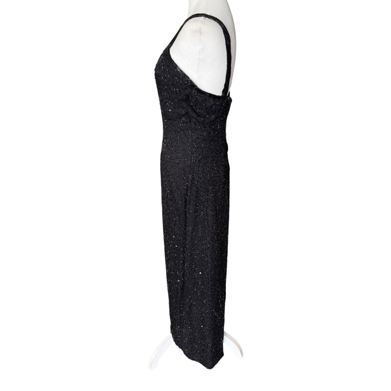 Vintage Scala 100% Silk Black Beaded Evening Gown Strappy Tank Bodycon Dress M