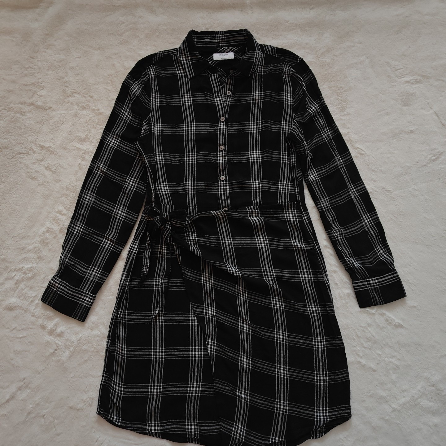 UntuckIt Tessa Plaid Black Button Up Collared Wrap Shirt Dress Small Long Sleeve