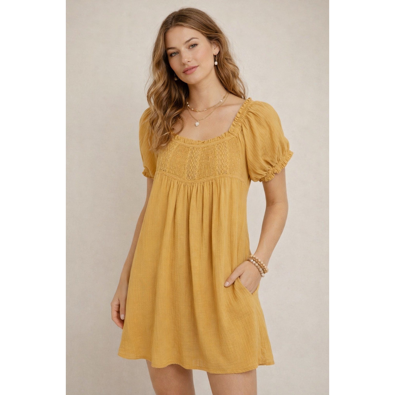 Lulus Always Happy Mustard Yellow Puff Sleeve Mini Dress XS Boho Cottage Prairie