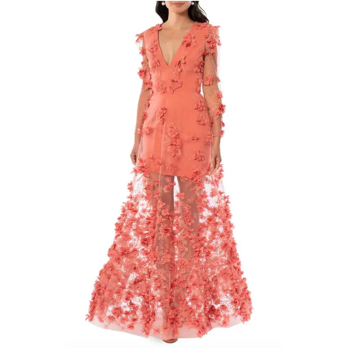 Helsi Blair Floral Appliqué V-Neck Long Sleeve Gown Maxi Dress Coral Size Large