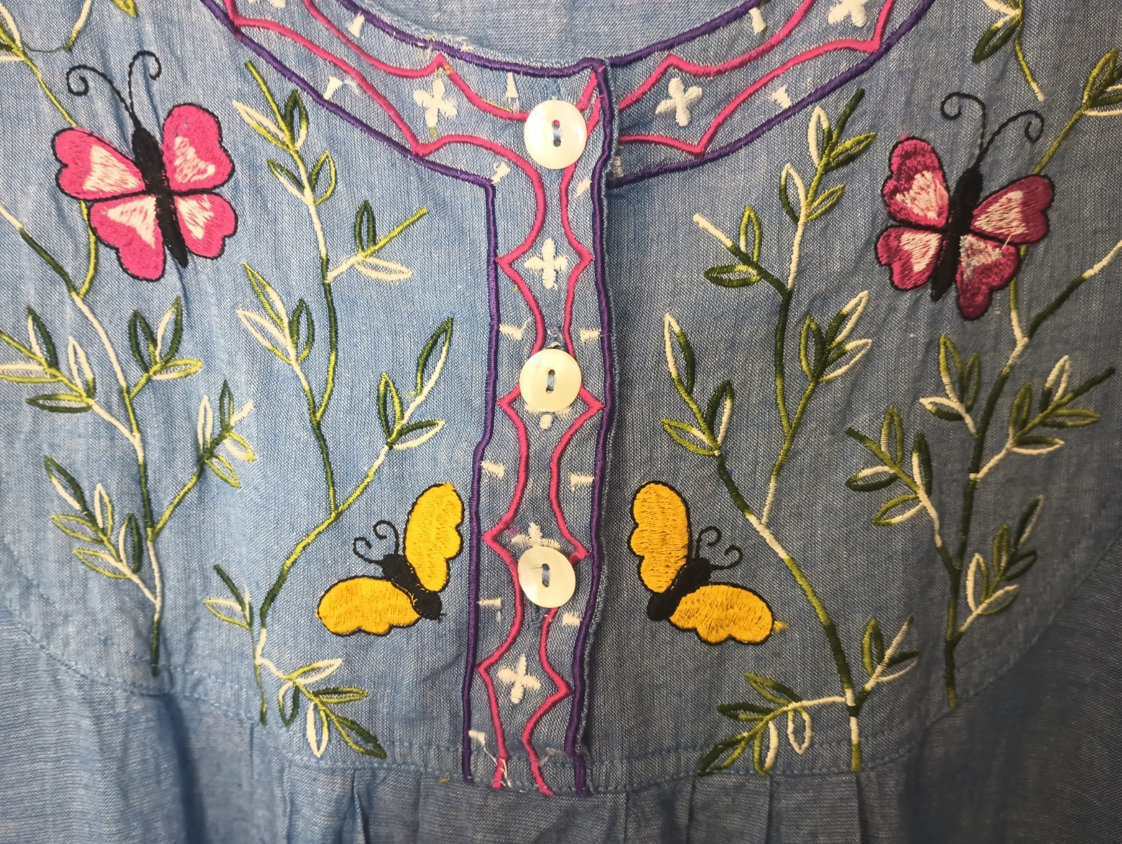 Metropolitan Womens Butterfly Chambray Denim Maxi Dress XL Embroidered Cottage