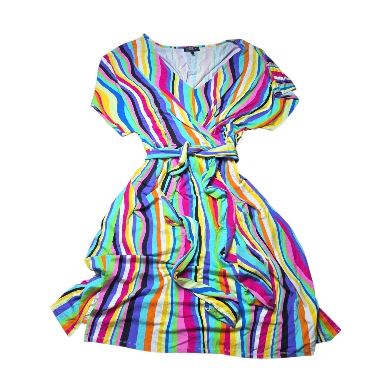 ELOQUII | Rainbow Multicolor Striped V-Neck Wrap Around Tie-Waist Dress | 22