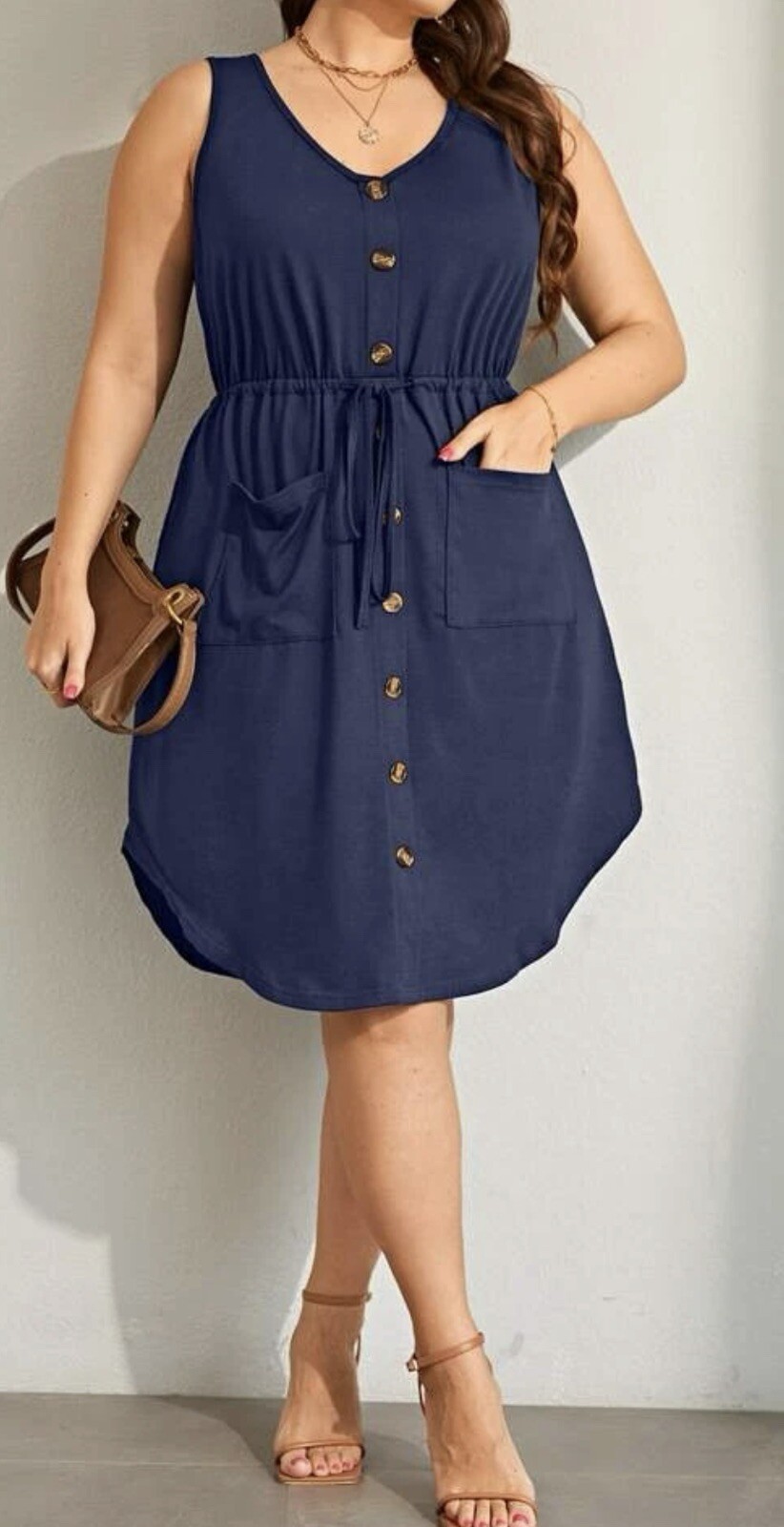 Shein Blue Button Front Pocket Sleeveless Drawstring Asymmetrical Dress Size 1XL