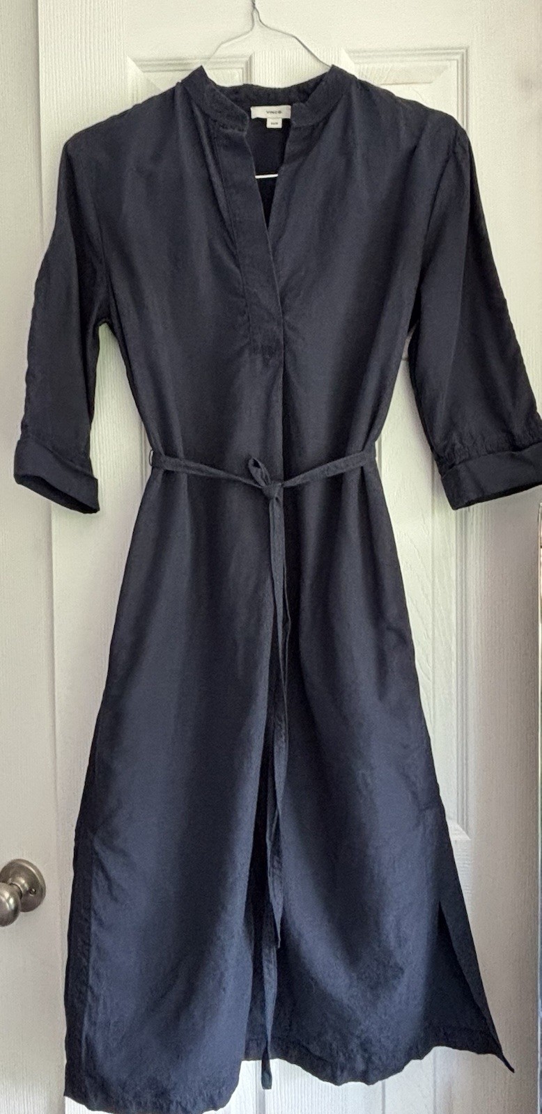Vince Band Collar Pullover Dress Coastal Navy Linen sz XS/S Quiet Luxury Women’s