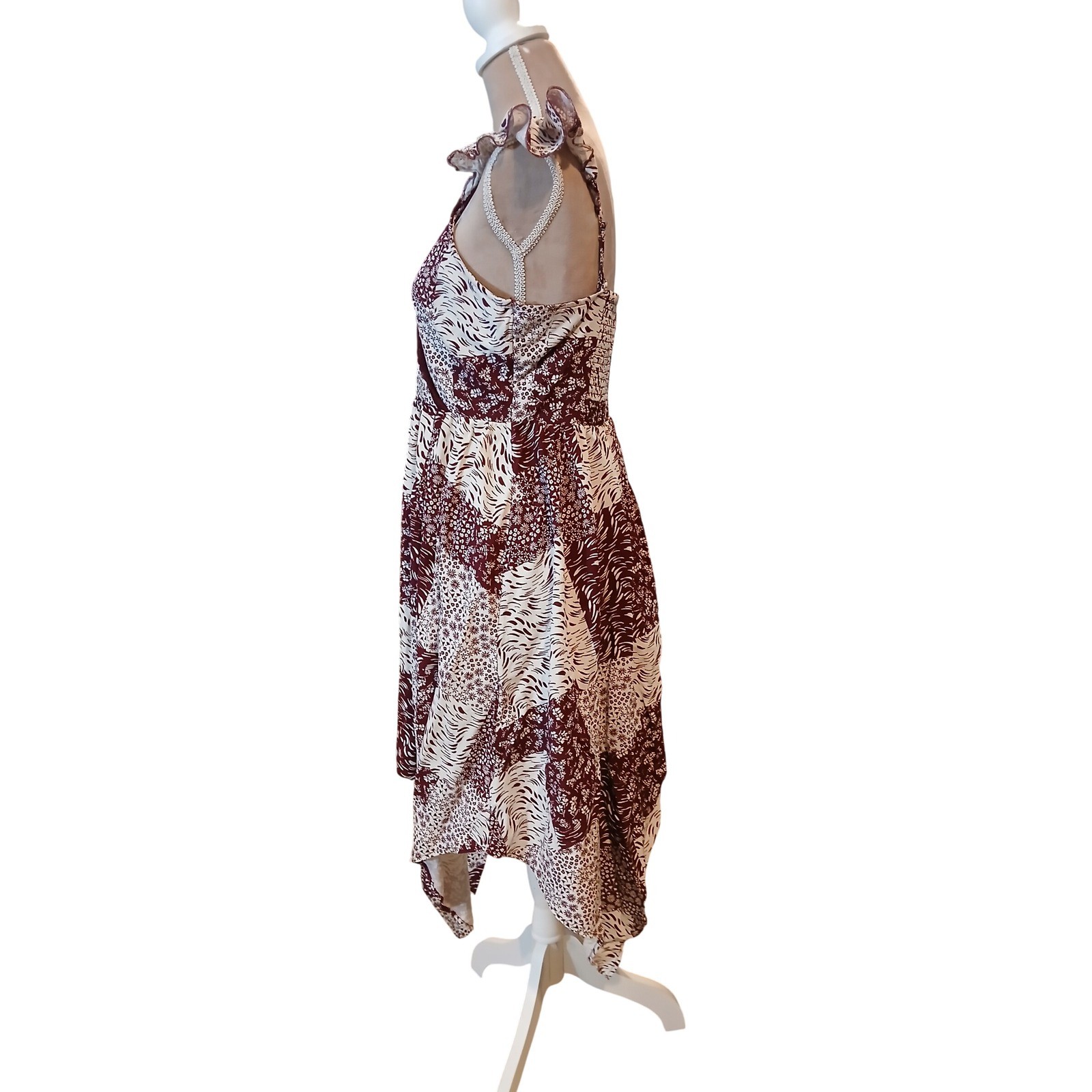 Burgundy Medium Cream Patchwork Handkerchief Hem Midi Dress Ruffle Strap Lace T