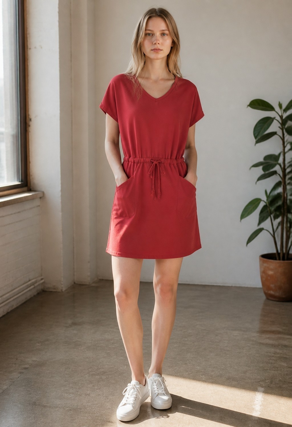 32 Deg Women’s Dark Rose T-Shirt Dress XS V-Neck Short Sleeve Drawstring Pockets