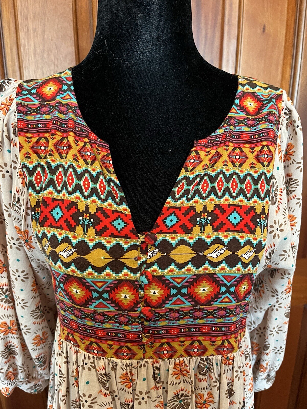 Umgee Aztec Dove Pattern 3/4 Sleeve Tunic Mini Dress Boho Western Rodeo Sz Small