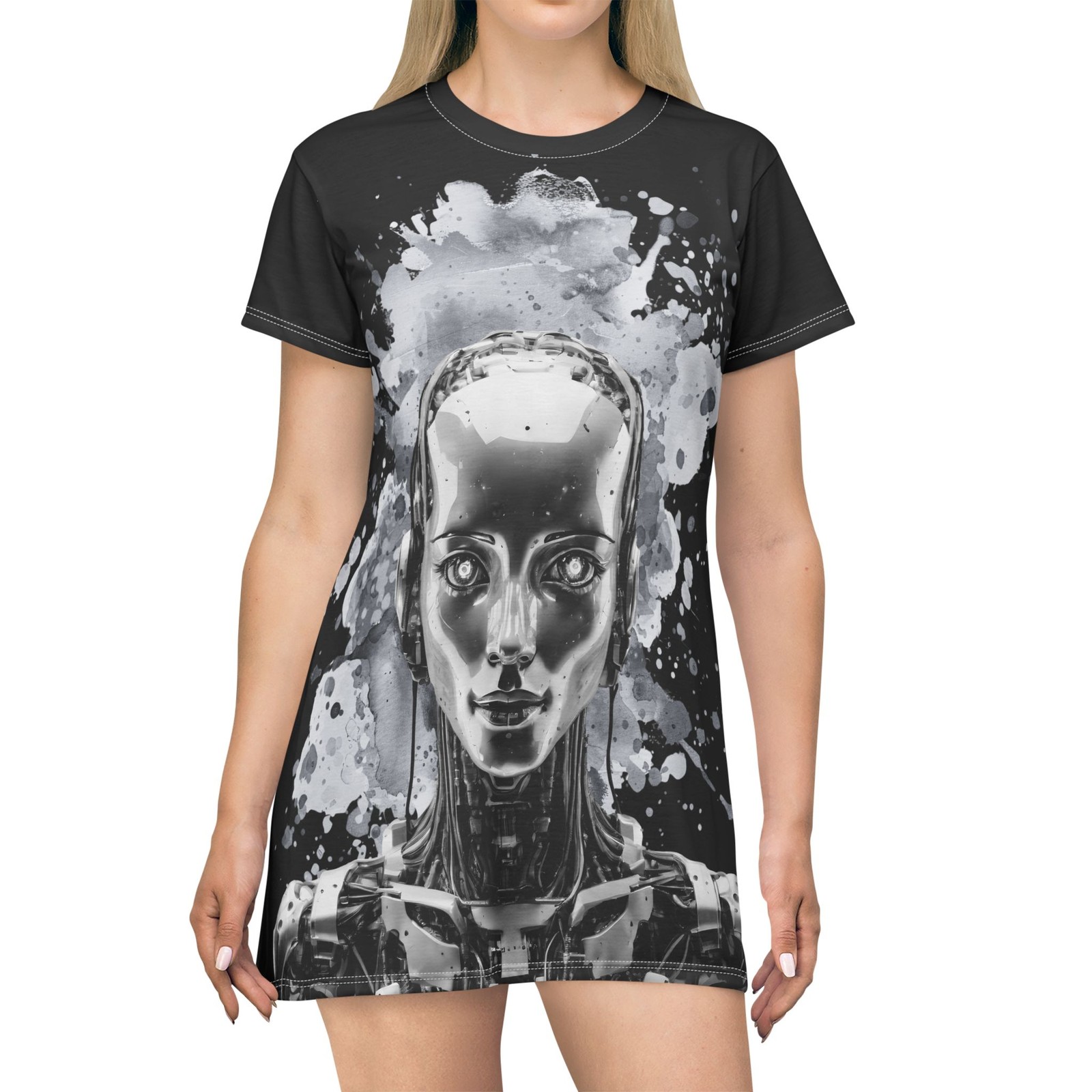 Black Futuristic Robot Portrait T-Shirt Dress | Android Art AOP, AI Siri, Dress