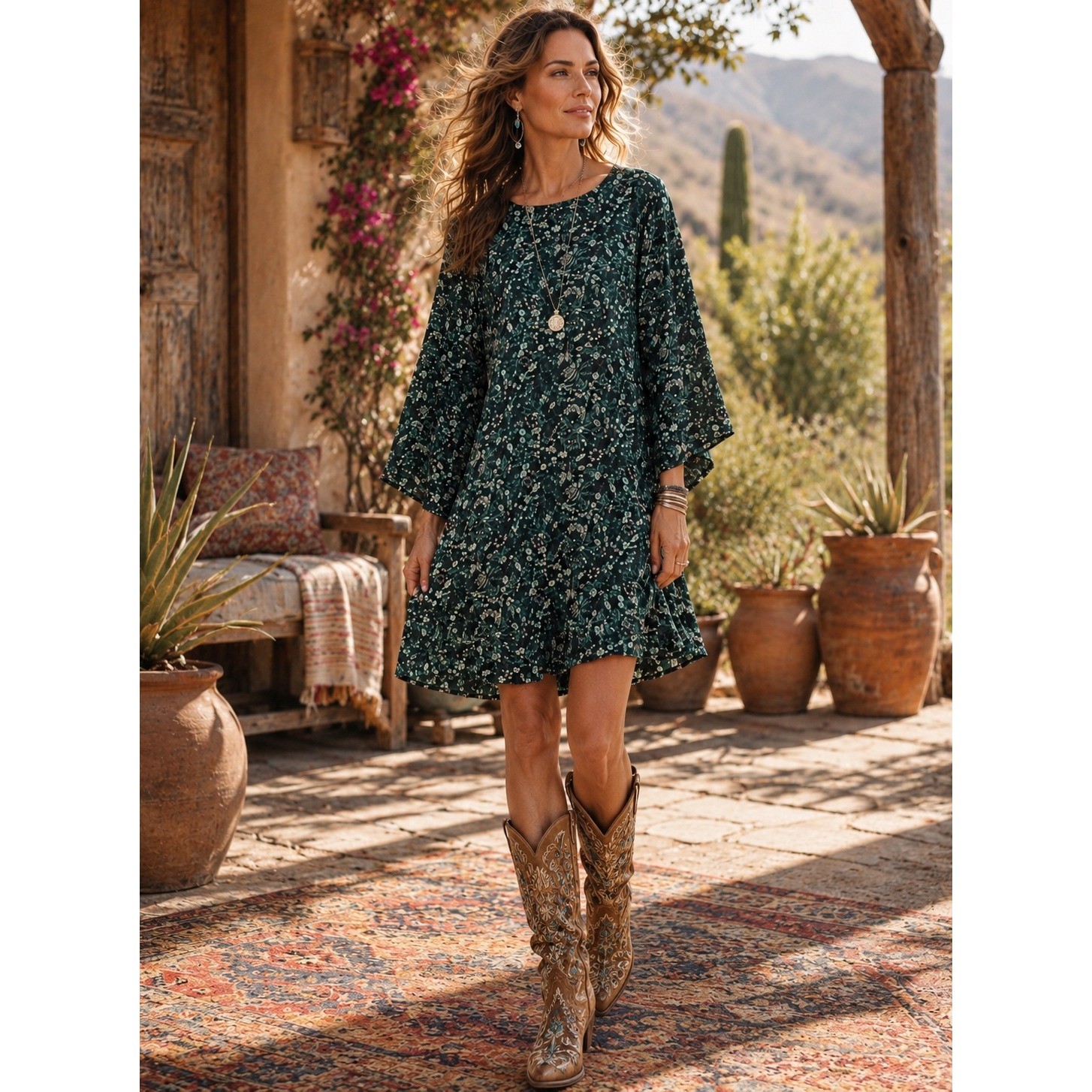 Sundance OTILLIE Floral Dress Women L JADE Bell Sleeve Ruffle Boho Botanical