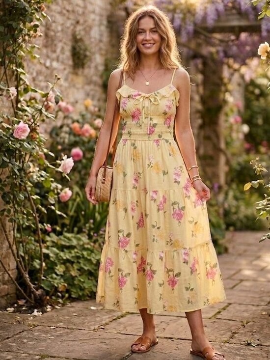 Trixxi NWT Yellow Floral Tiered Midi Dress Smocked Waist Cottagecore Sun Dress S