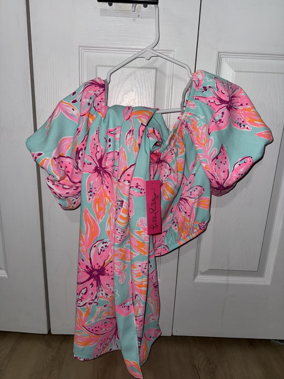 NWT Lilly Pulitzer Esmeray Midi 2PC Set Puff Sleeve Surf Blue Bonita Blooms Sz L