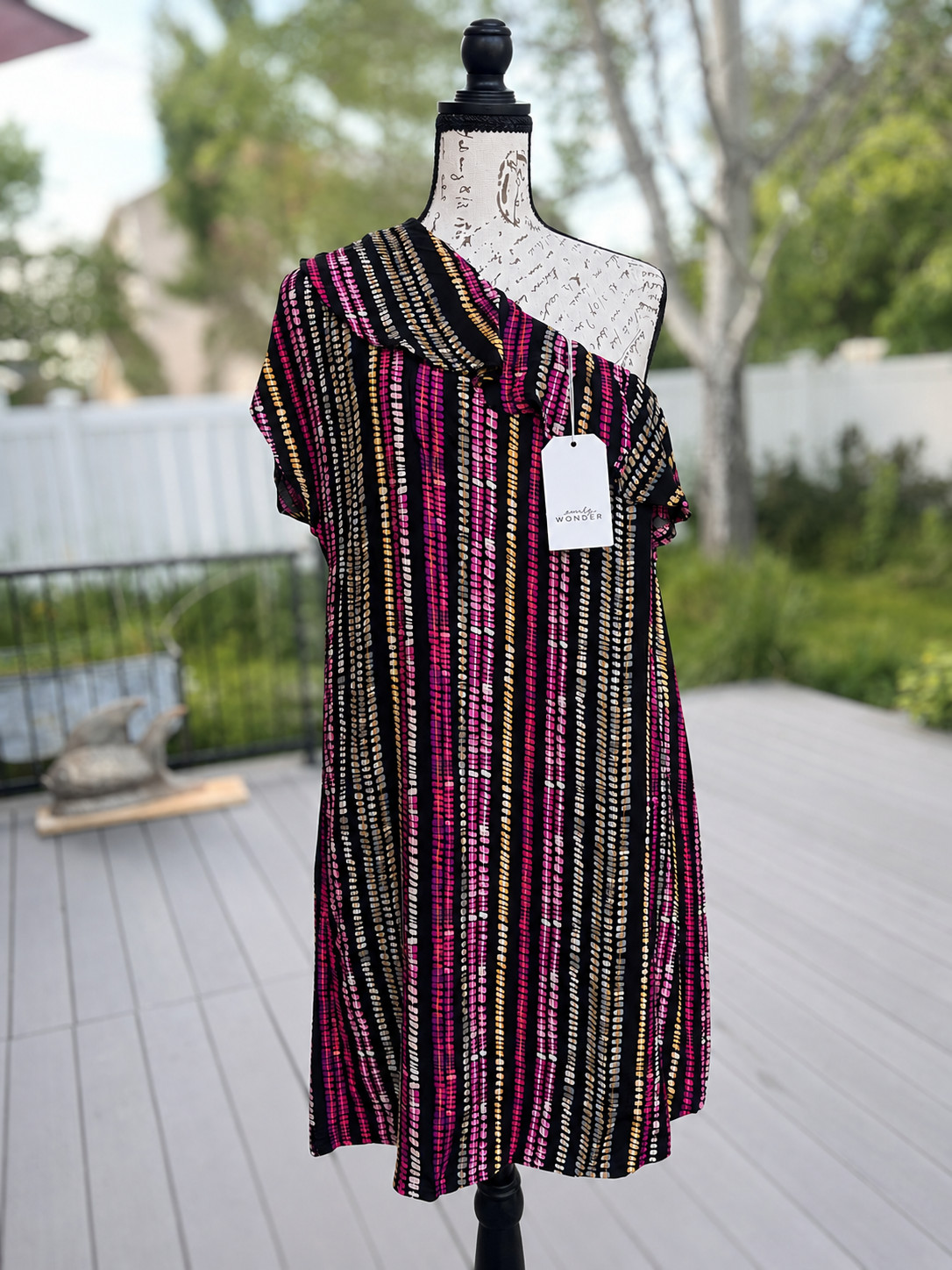 Emily Wonder Striped One Shoulder Dress M Pink Black NWT Ruffle Asym Mini Summer