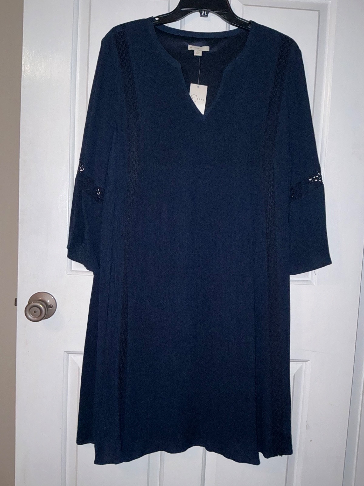 🌸Cato Est. 1946 Dark Blue Lace 100% Rayon Crape 3/4 Sleeve XL Lined Dress NWT