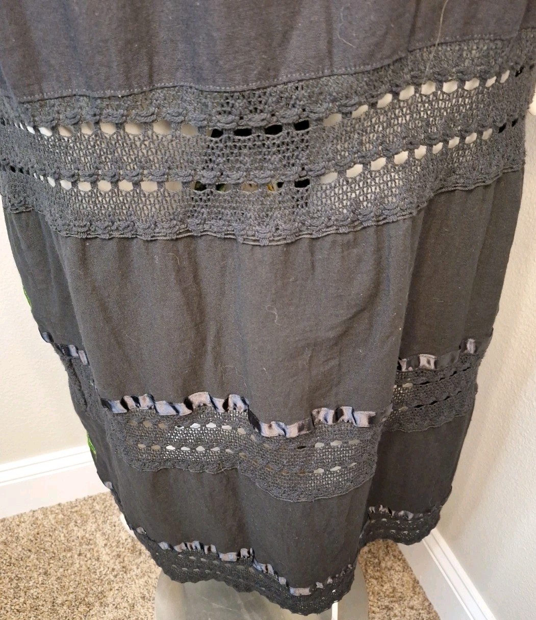 Black Long Mexican Dress Embroidered Colorful Flowers Size S Lace Trim Mexico