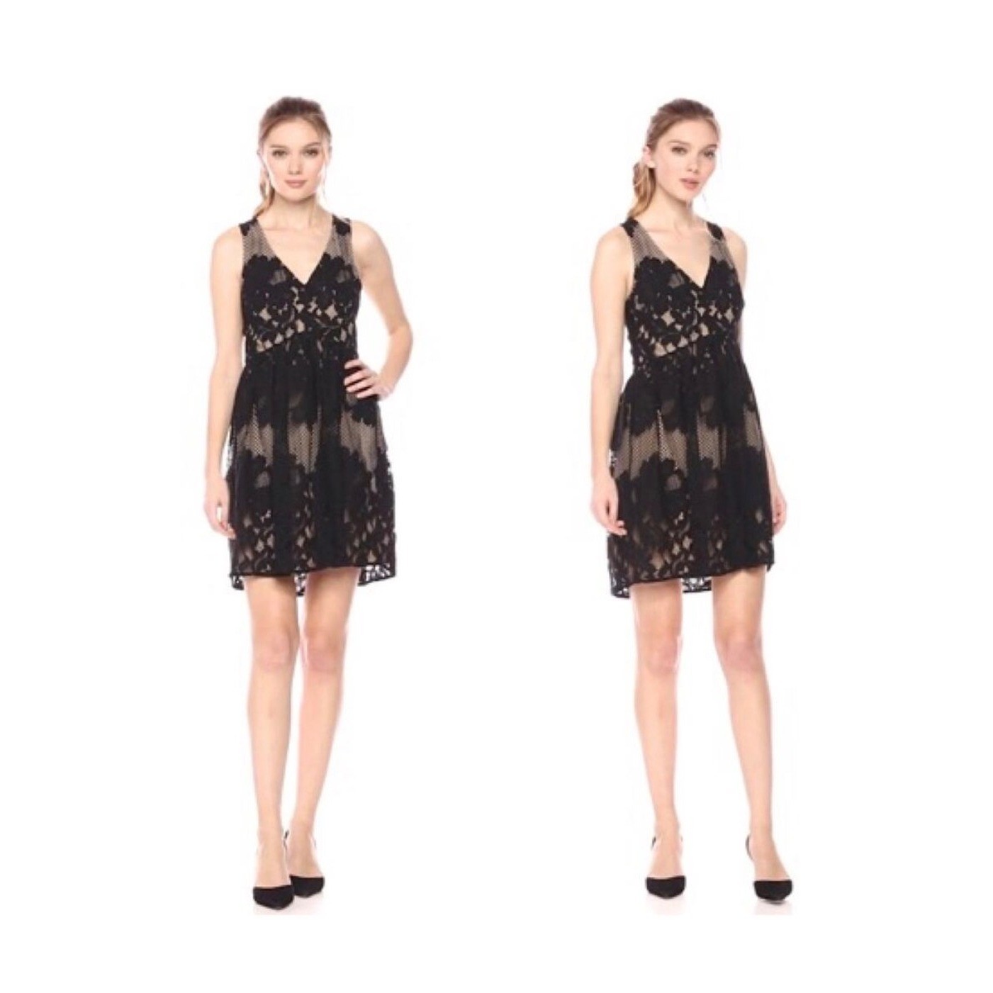 Ali & Jay Black Floral Lace Mesh V-Neck Fit & Flare Mini Dress Nude Lining M