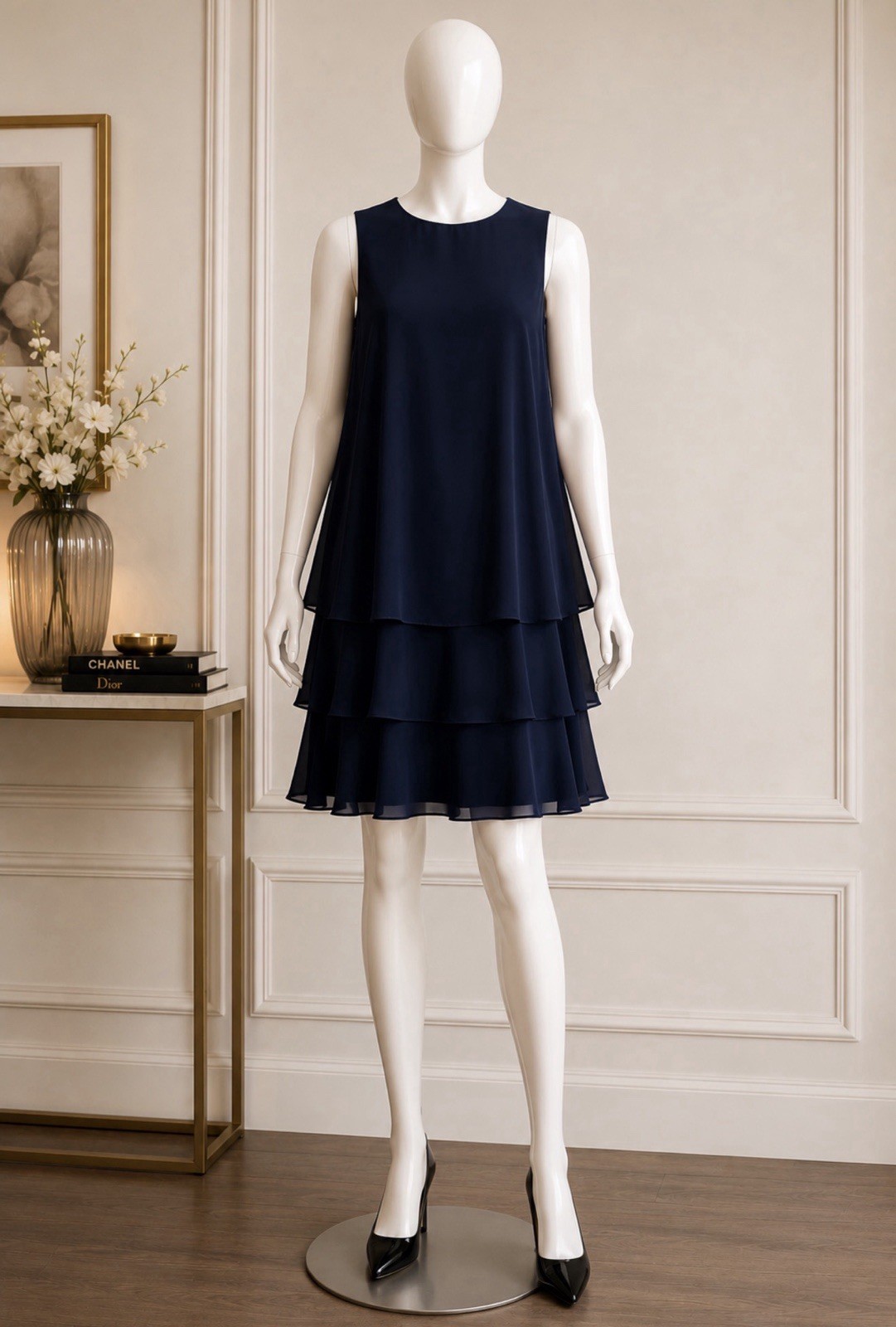 Lauren Ralph Lauren Navy Tiered Chiffon Dress Size 8 NWT Elegant