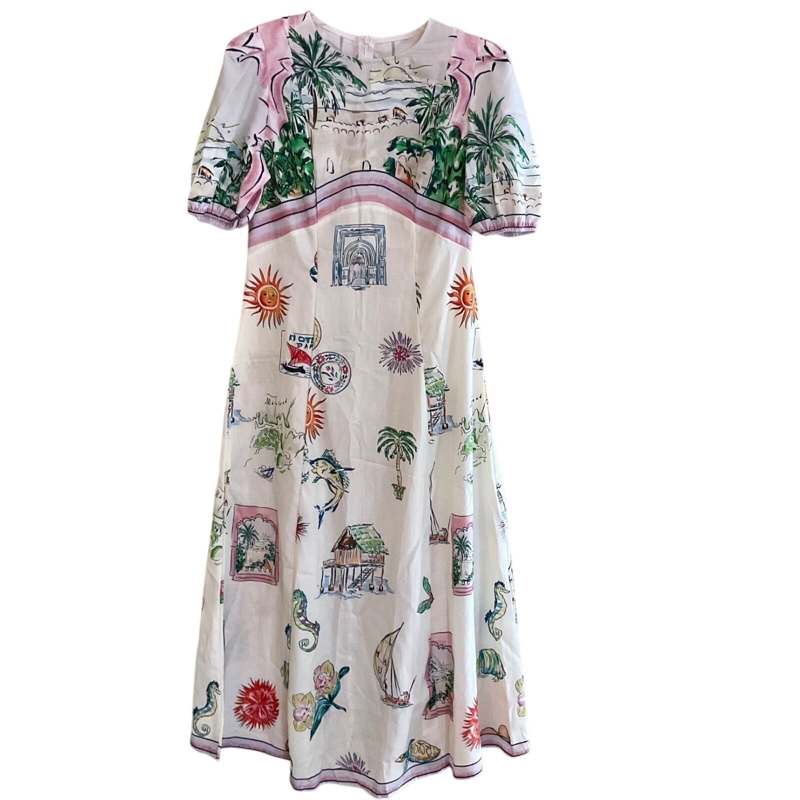 NWOT Tropical Print Puff Sleeve Maxi Dress Summer Resort Wear Boho Vintage Sz M
