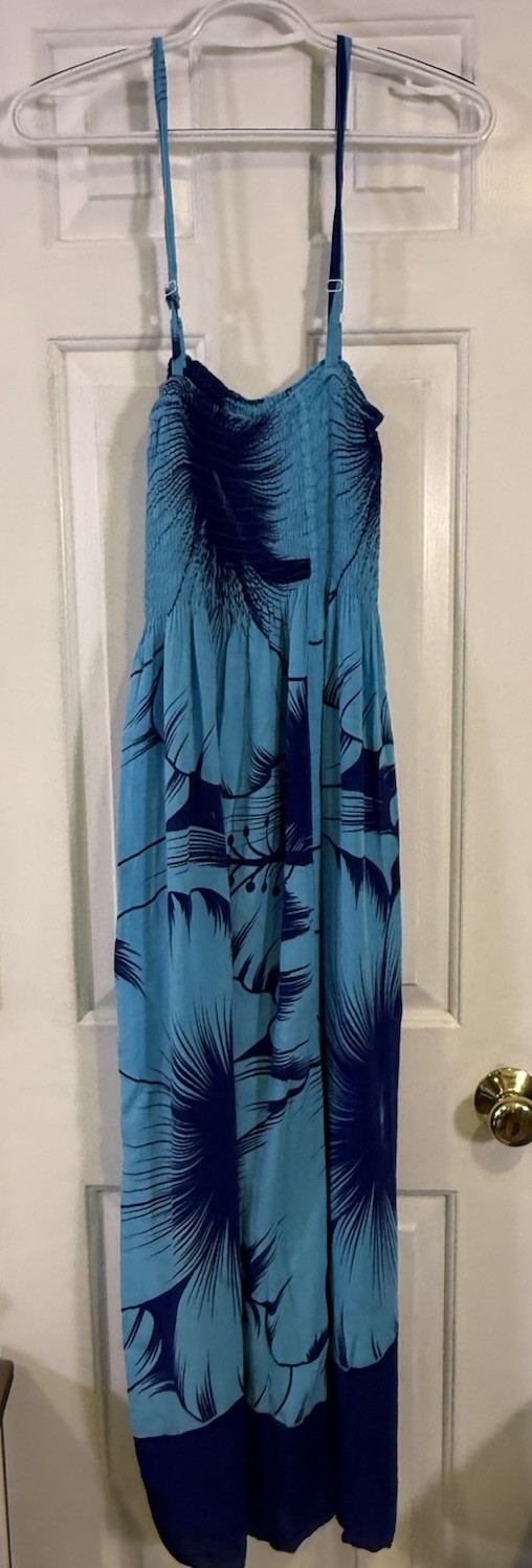 Womens One Size Blue Tropical Floral Maxi Dress Smocked Adjustable Straps