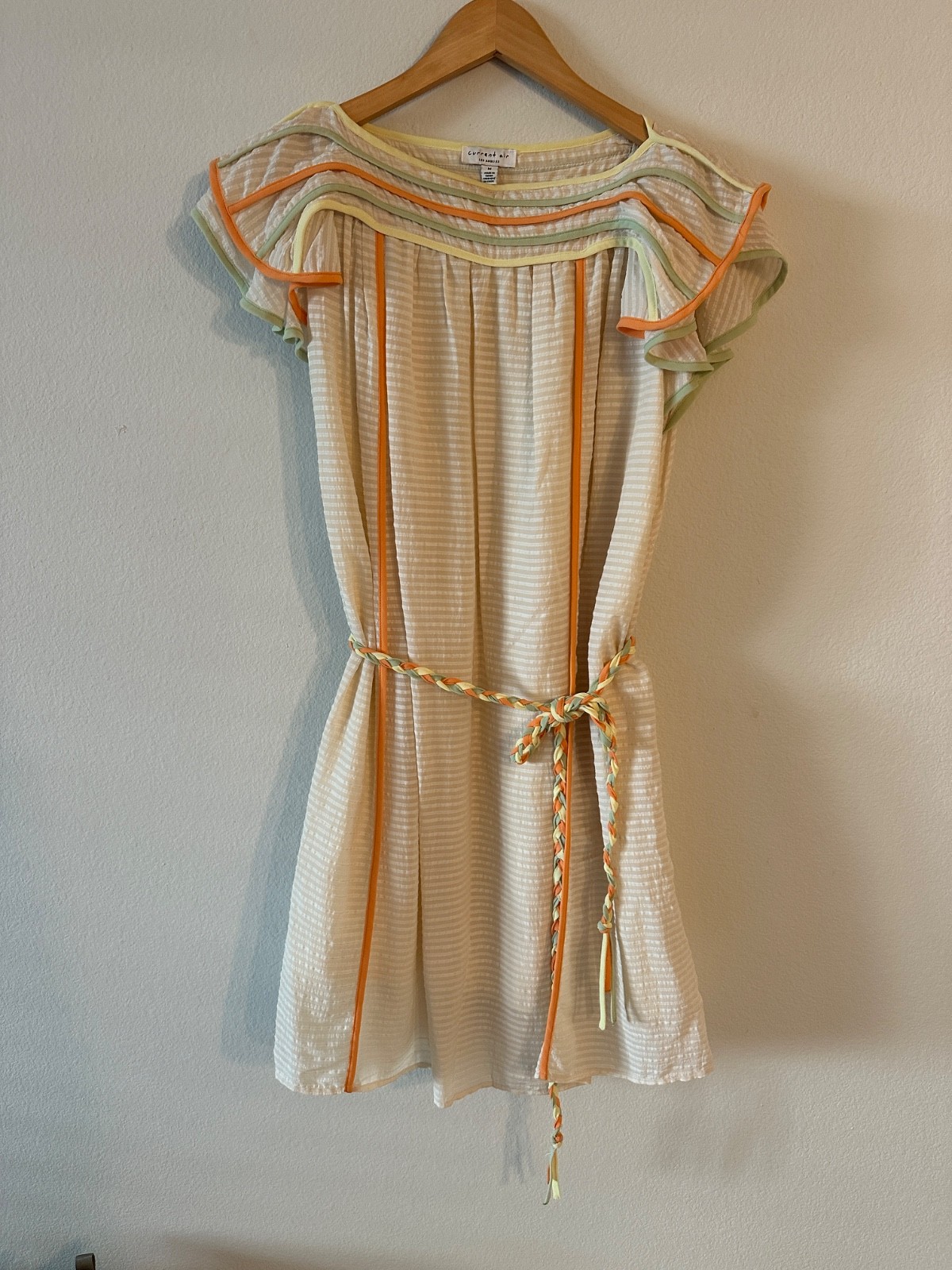 Current Air Ruffle Sleeve Belted Mini Dress Cream Stripe Women’s M